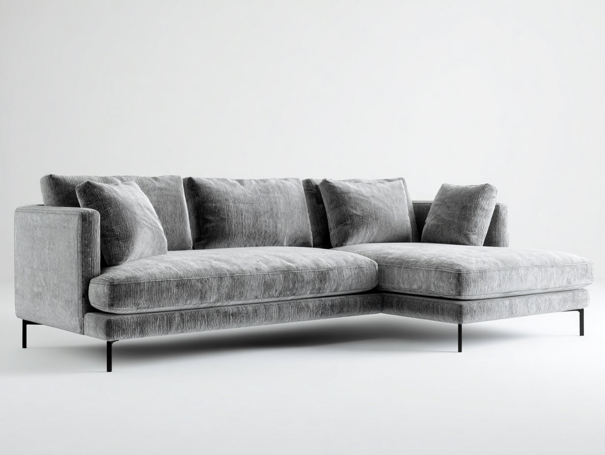 Ecksofa mit Cordbezug 290 x 170 x 85 cm - Hellgrau - modernes Lounge-Design mit schwarzen Metallfüßen für Wohnzimmer