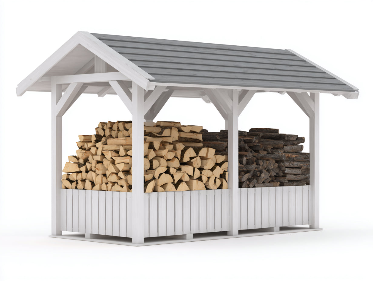 Kaminholzregal aus Holz mit Metalldach 268 x 118 x 208 cm - Weiß und Grau - Großer Brennholzunterstand mit 2 Lagerbereichen für Garten und Hof