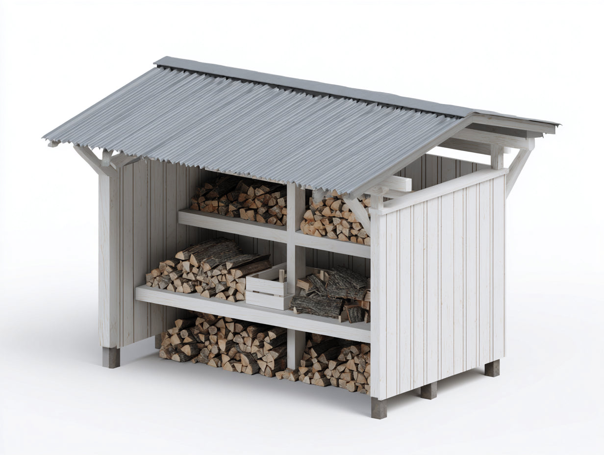 Kaminholzregal mit Dach aus verzinktem Stahl 180 x 92 x 182 cm - Weiß und Grau - wettergeschütztes Design für Garten und Terrasse
