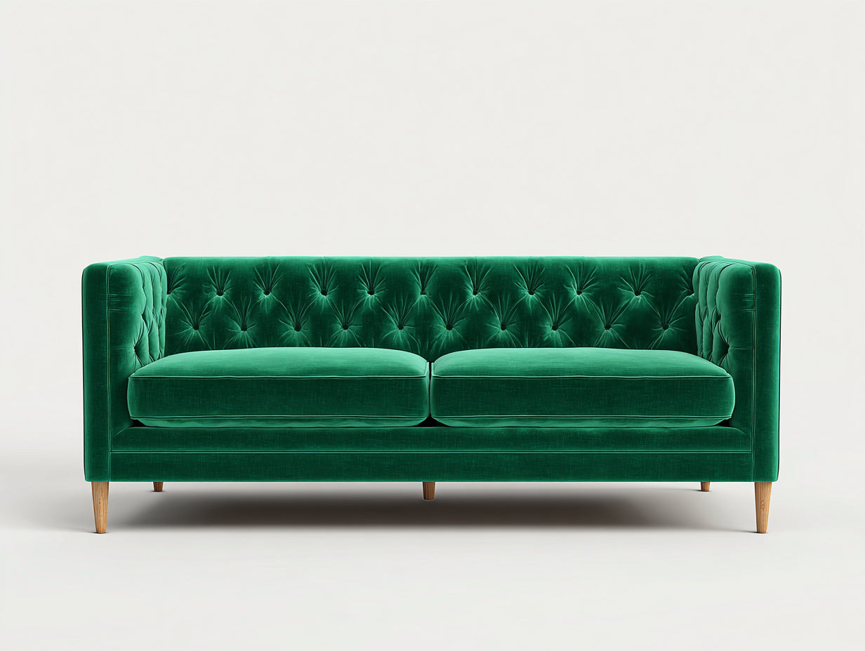 Zweisitzer Sofa mit Samtstoffbezug 208 x 88 x 82 cm - Smaragdgrün - Chesterfield Design mit Knopfheftung und holzfarbenen Füßen