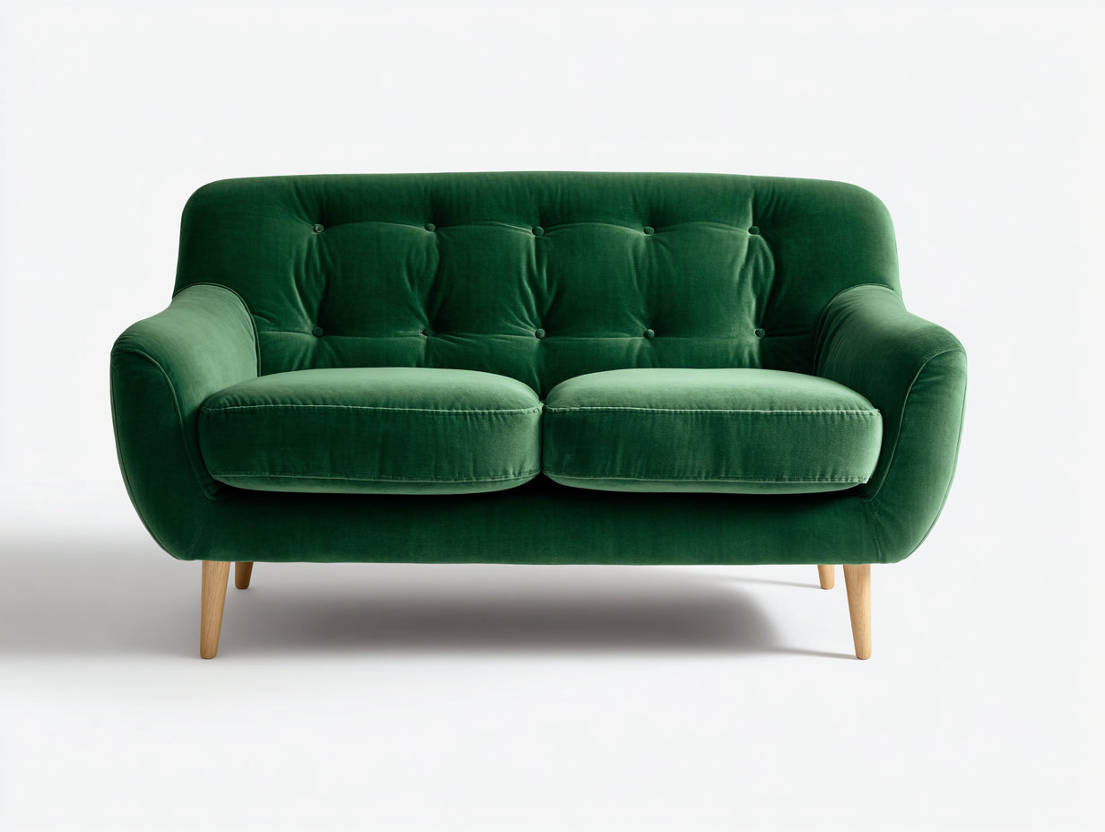 Zweisitzer Sofa Samtstoff ca. 160 x 86 x 83 cm - Dunkelgrün - Retrodesign mit Knopfheftung und Holzfüßen