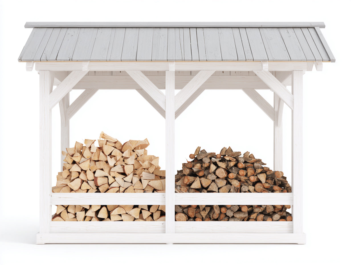 Kaminholzregal Holz ca. 200 x 70 x 170 cm - Weiß-Grau - Überdachtes Design mit 2 Lagerbereichen