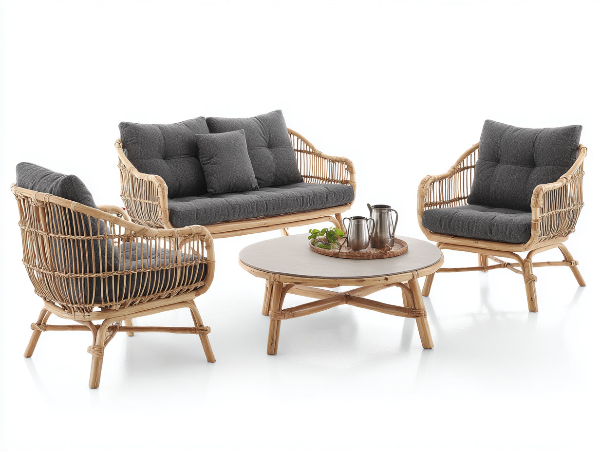 Gartensofa Set Rattan 180x70x82 cm - Naturfarben Anthrazit - Boho Stil mit Couchtisch