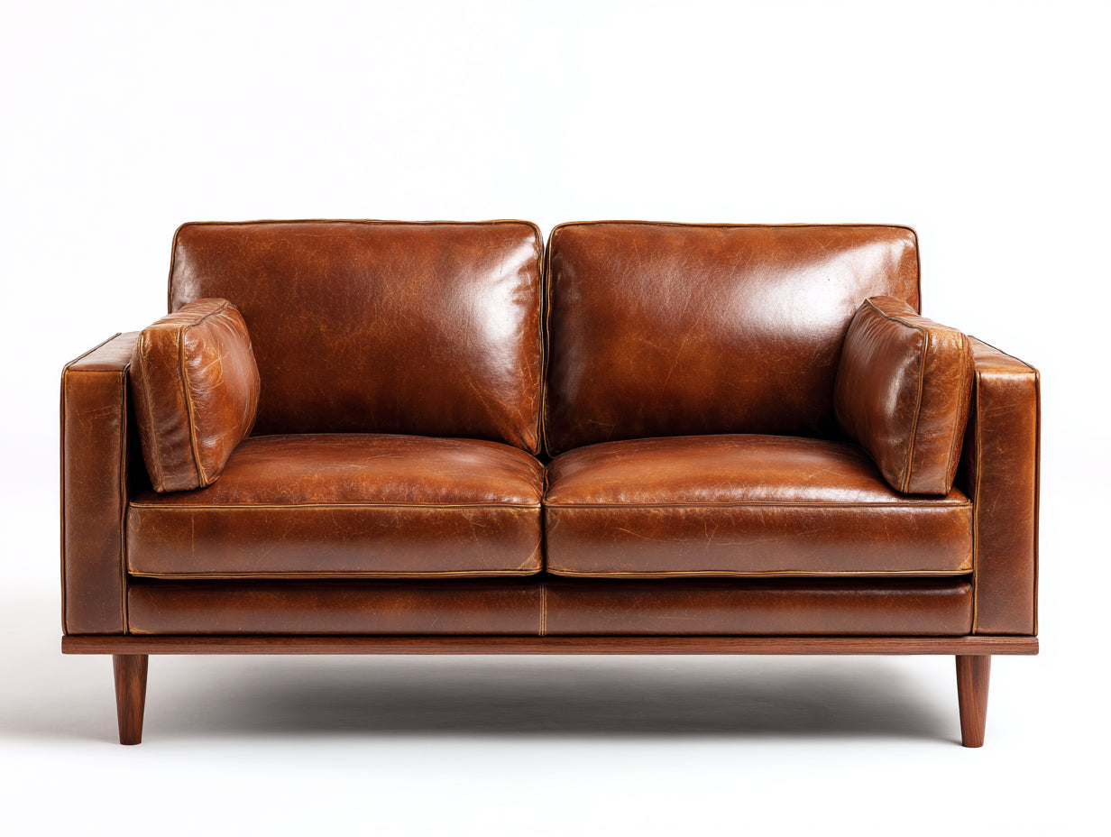 Zweisitzer Sofa mit Bezug in Lederoptik 206 x 91 x 85 cm - Cognacbraun und Dunkelbraun - Gepolstertes Vintagedesign mit Holzfüßen
