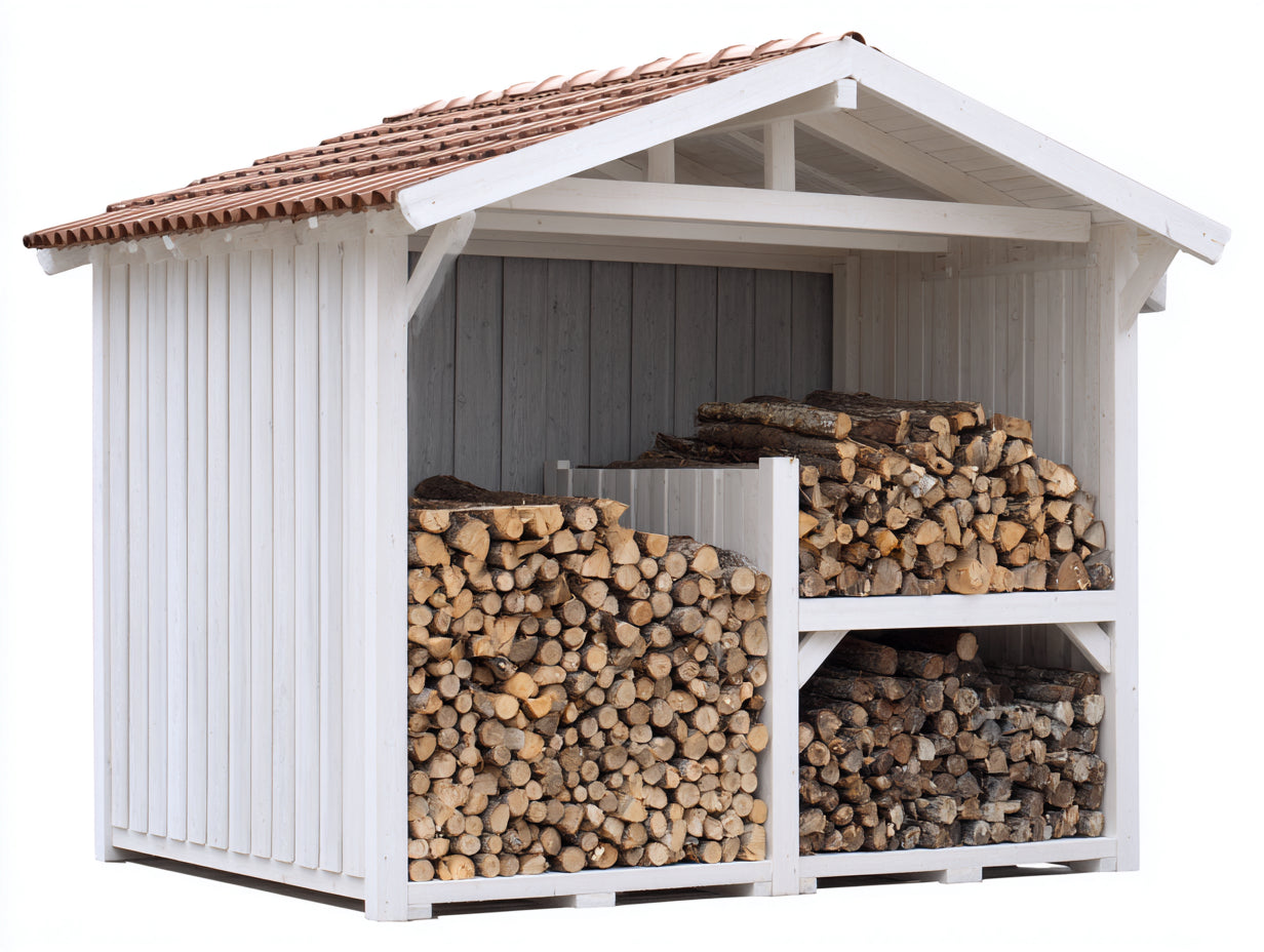 Kaminholzregal aus Holz 240 x 130 x 215 cm - Weiß Rotbraun und Grau - Überdachte Aufbewahrung mit drei Lagerbereichen