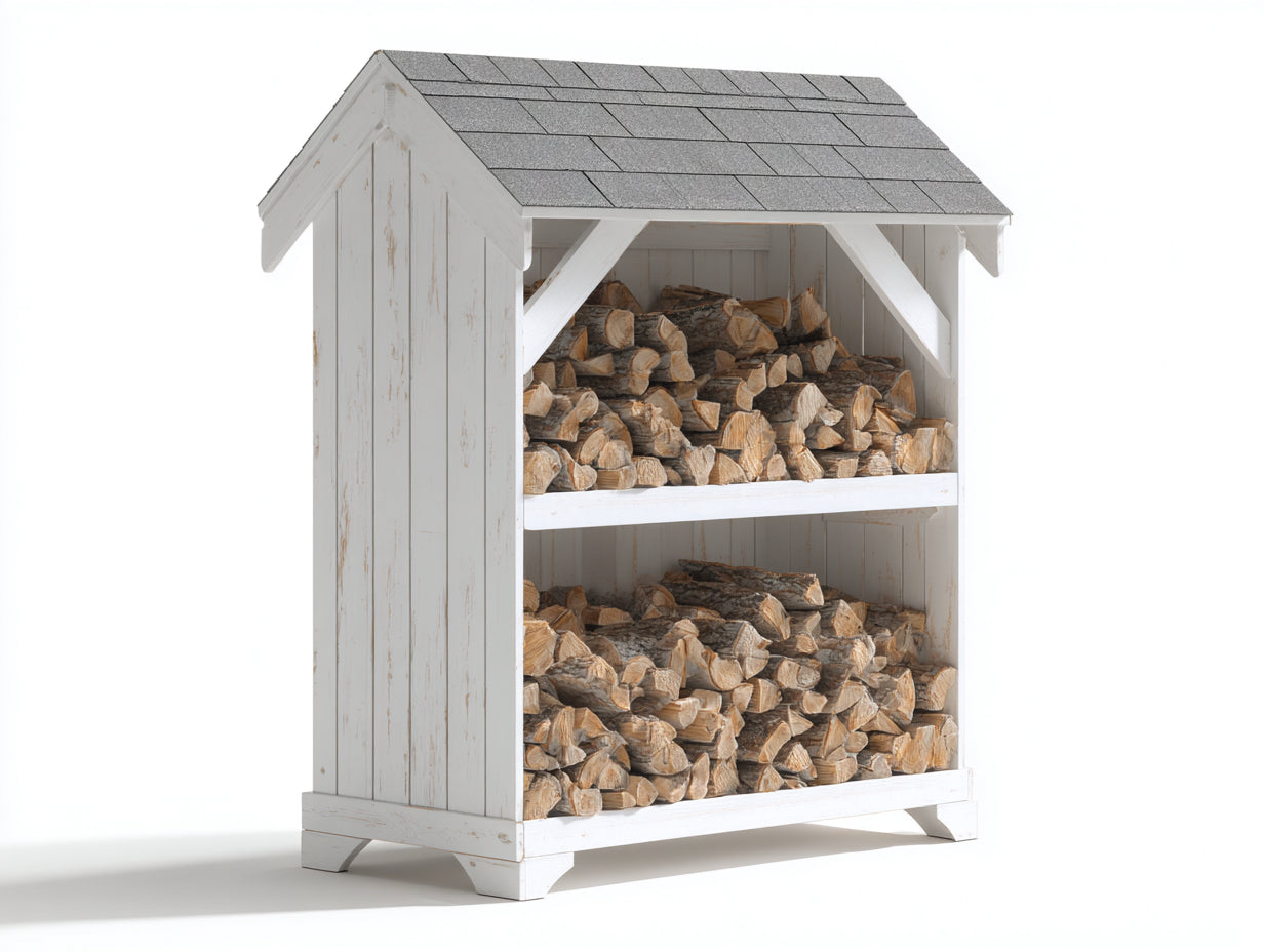 Kaminholzregal Holz 130x55x160 cm - Weiß Grau - mit Satteldach