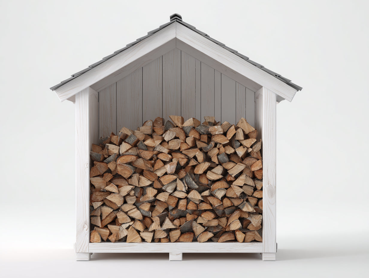 Kaminholzregal aus Holz 155 x 78 x 190 cm - Weiß und Grau - Geschützte Lagerung mit Satteldach und Rückwand