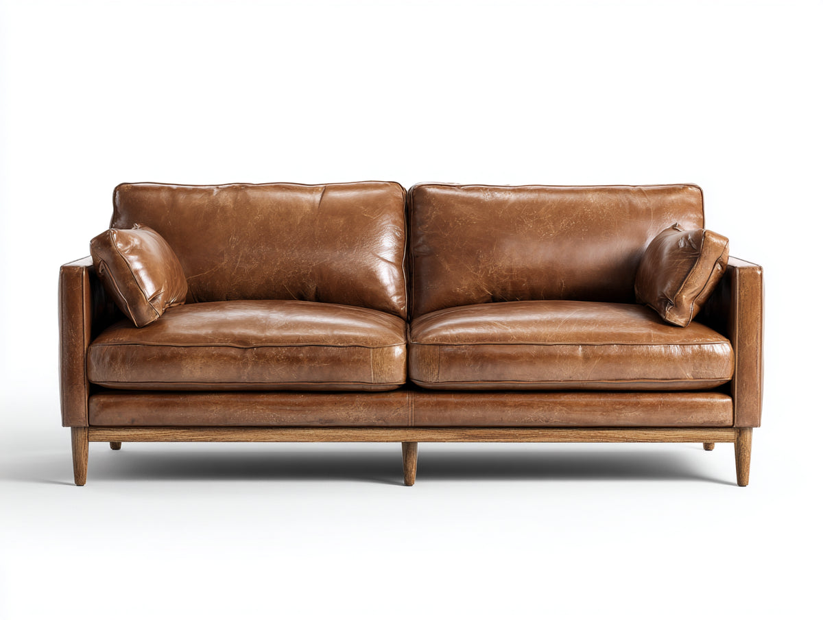 Zweisitzer Sofa mit Bezug in Lederoptik 218 x 92 x 86 cm - Braun und Naturfarben - Gepolstertes Vintagedesign mit Holzgestell