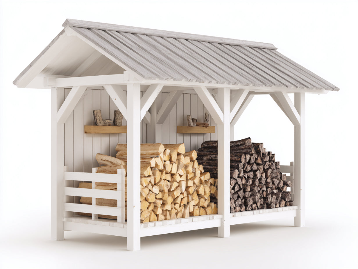 Kaminholzregal aus Holz 240 x 95 x 210 cm - Weiß und Hellgrau - überdachtes 3-Fach-Design für Garten und Terrasse