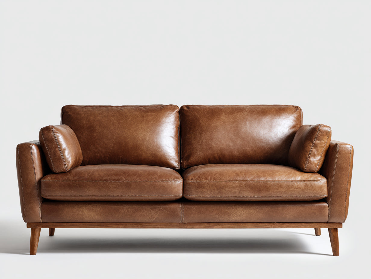 Zweisitzer Sofa mit Bezug in Lederoptik 205 x 93 x 87 cm - Cognacbraun - Modernes Polstersofa mit Holzrahmen und schrägen Holzfüßen