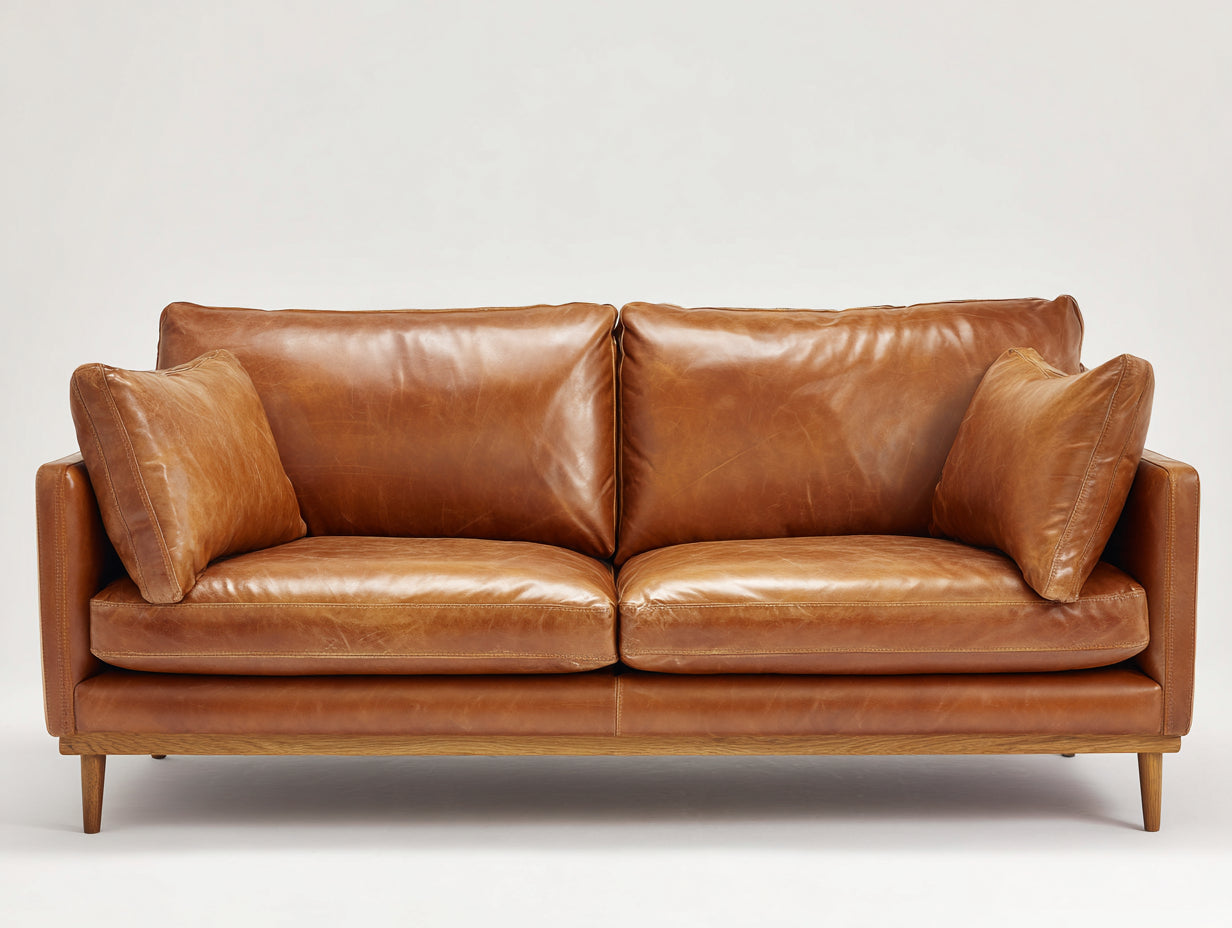 Zweisitzer Sofa mit Bezug in Lederoptik 205 x 95 x 88 cm - Cognacbraun - modernes Retro-Design mit Holzrahmen und Holzfüßen für Wohnzimmer