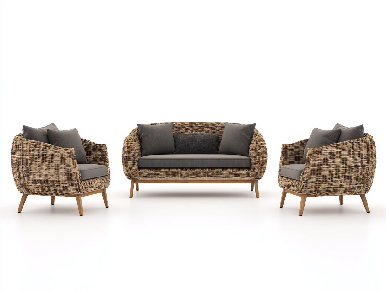 Gartensofa Set Rattan 180x75x80 cm - Naturfarben Grau - modern für Terrasse
