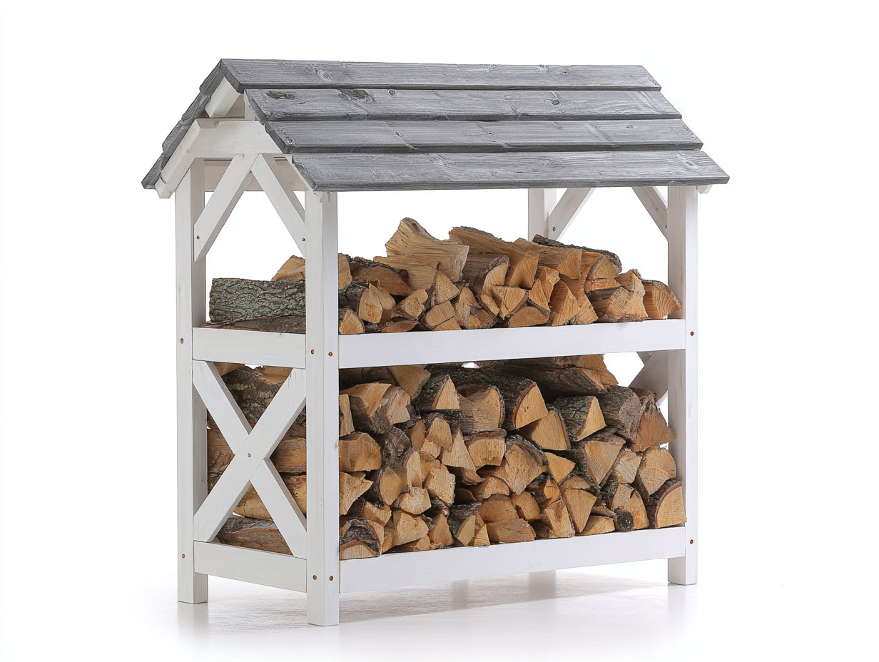 Kaminholzregal aus Holz 145 x 70 x 170 cm - Weiß und Grau - Überdachte Aufbewahrung mit zwei Lagerbereichen